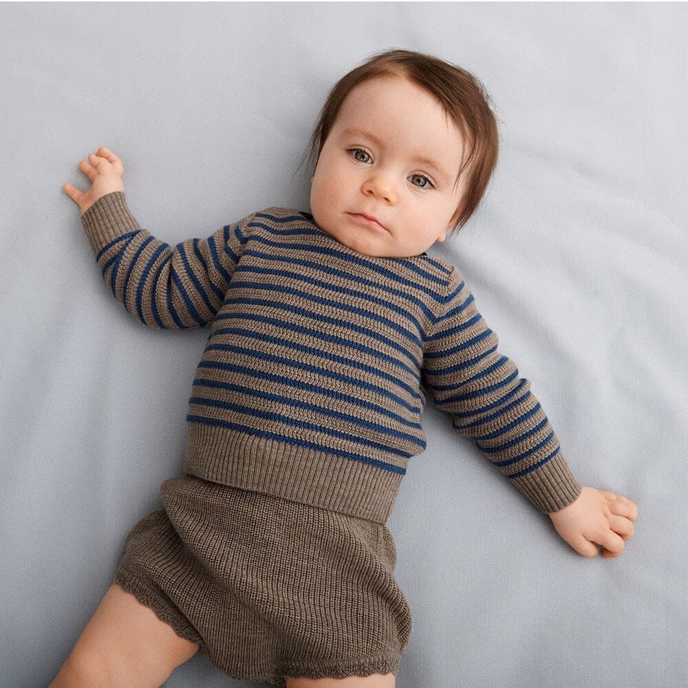 FUB Baby Rib Sweater 100% Wool Stripe Boatneck Blue 0-2M NWT